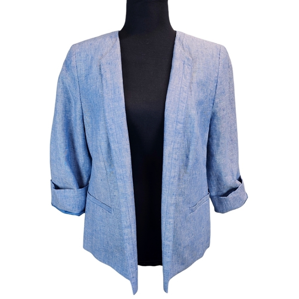 Talbots 100% Linen Open Front Blazer Jacket Light Blue Sz 10 Cape Cod Hamptons